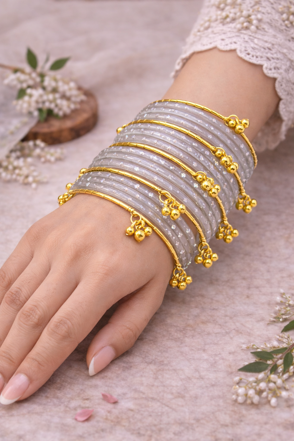 Pearl White Traditional Kashmiri Bangle Set – Classic Festive Collection